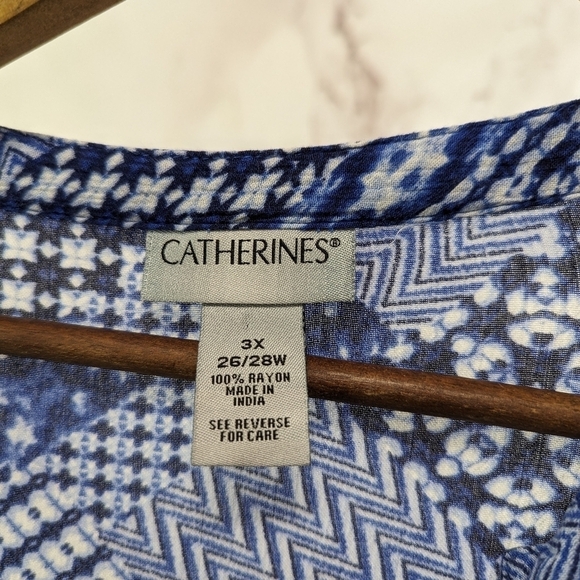 Catherines Shirt Womens 3X 26 28 Blue Blouse Popover Gingham Patchwork Picnic - Picture 3 of 11